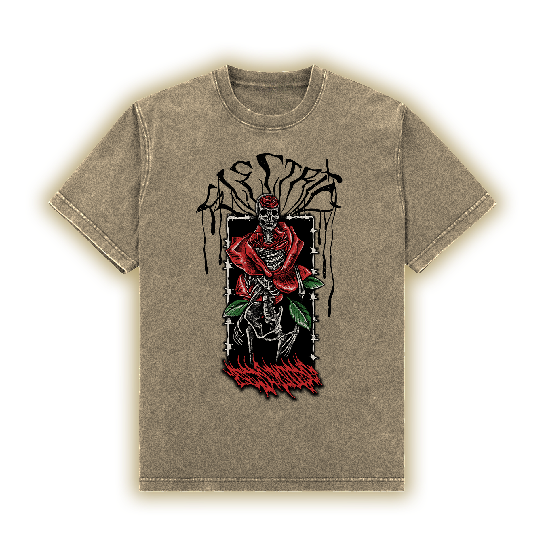 Beige t-shirt with a graphic design of a skeleton holding a red rose on a white background